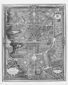 Plano geral da cidade e Chateau de Versailles, com seus jardins, florestas e fontes